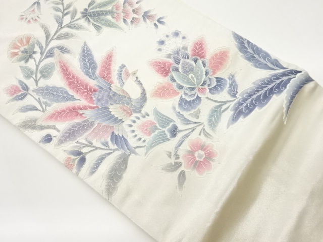 金銀駒刺繍手描き孔雀に花葉模様名古屋帯